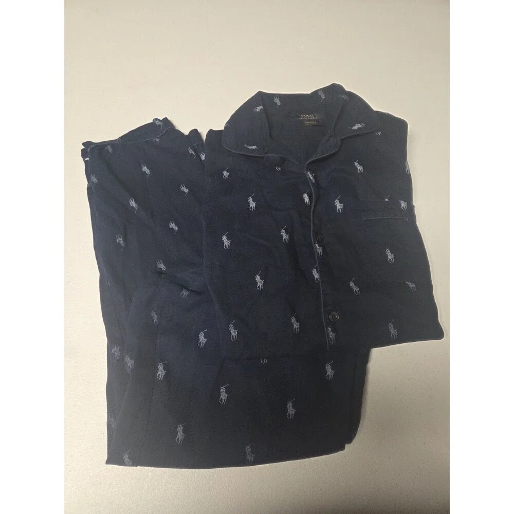 Polo Ralph Lauren Pony Woven Kids Long Sleeve Pajamas 2-Piece Set Navy Size 12
